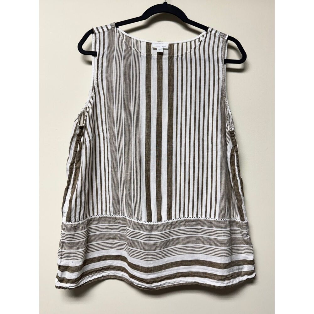 J. JILL Love Linen 100% Linen Brown/White Stripe Tank, Lace Detail, Sz L